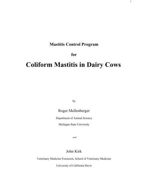 Coliform Mastitis in Dairy Cows - uw milk quality