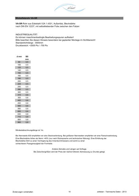 Technische Daten / Luftleitungen für Revisionsunterlagen - airleben