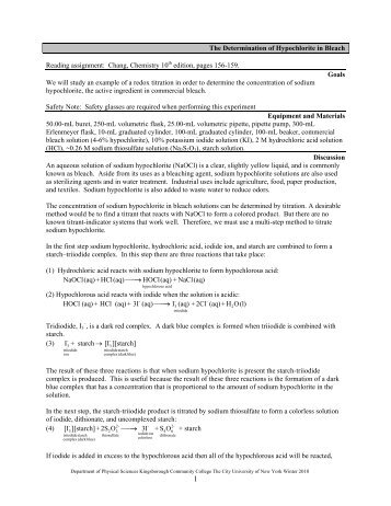 The Determination of Hypochlorite in Bleach Reading assignment ...