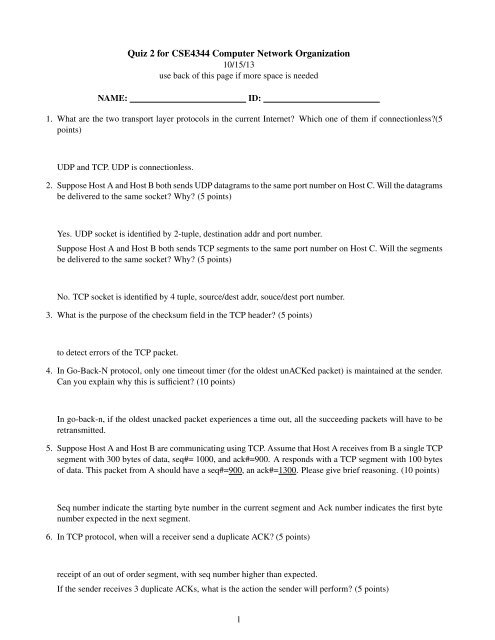 Quiz 2 for CSE4344 Computer Network Organization