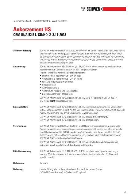 und Datenblatt Ankerzement HS CEM III/A 52,5 L-SR/HO