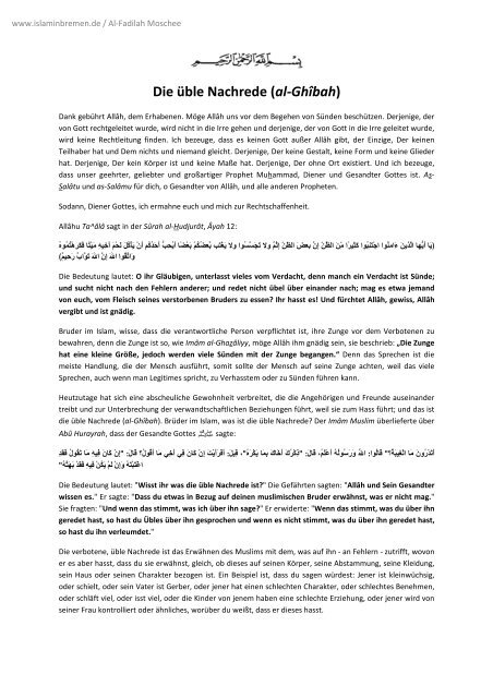 Die üble Nachrede (alGhîbah) AlFadilah Moschee (Bremen)