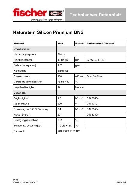 Technisches Datenblatt Naturstein Silicon Premium DNS - Fischer