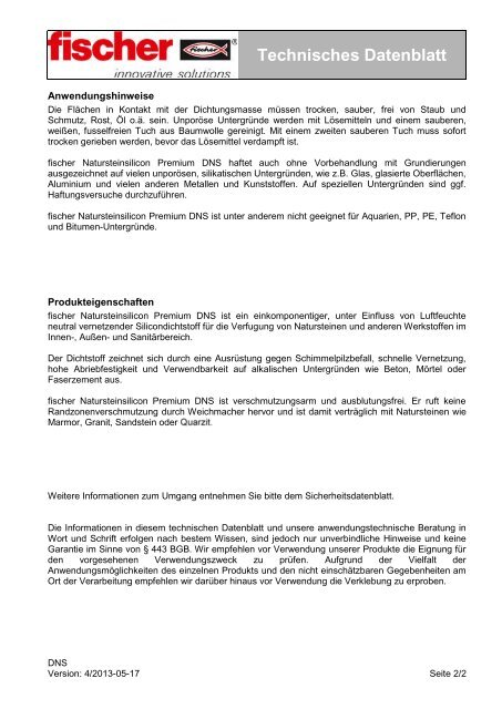 Technisches Datenblatt Naturstein Silicon Premium DNS - Fischer