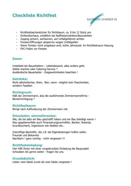 Checkliste Richtfest Bauprojekt Schwaben Ag