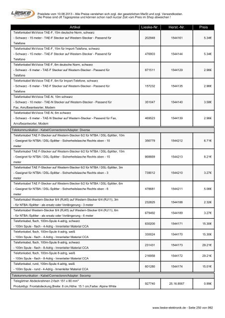 Lieske Elektronik Preisliste - Lieske-Elektronik e.K.