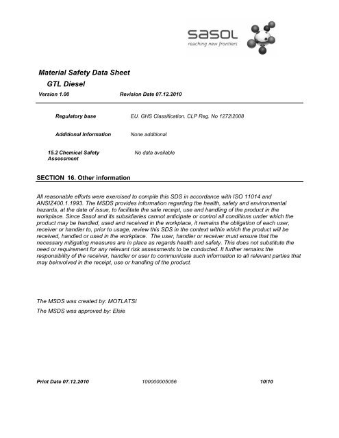 Material safety data sheet gtl diesel - the shell