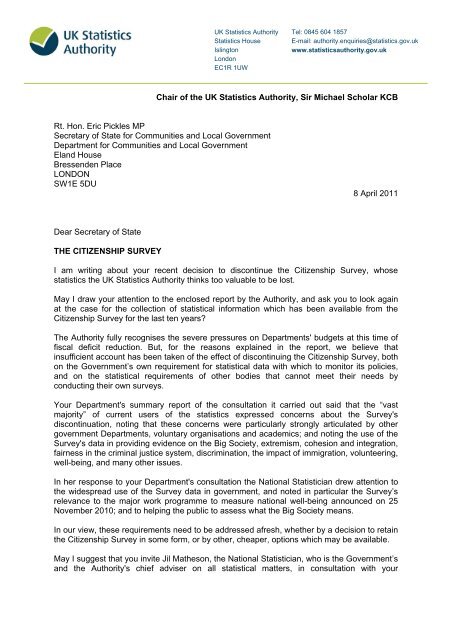 Letter from Sir Michael Scholar to Rt Hon Eric Pickles MP 8 April ...