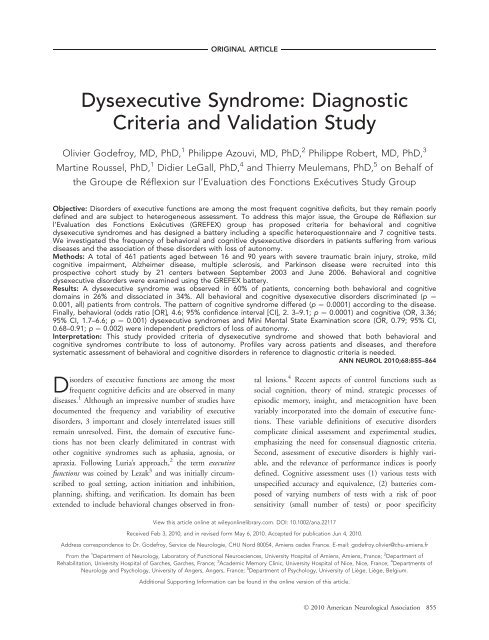 Dysexecutive syndrome: Diagnostic criteria and validation study
