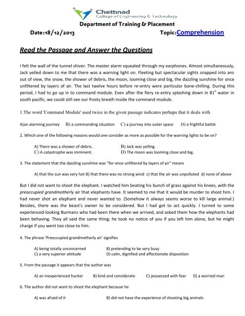 Comprehension Read the Passage and Answer the Questions