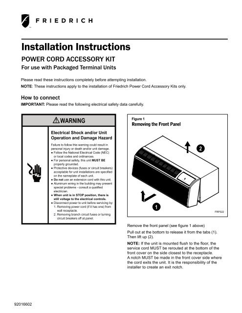 PTAC Power Cord Accessory Kit Installation Manual - Friedrich Air ...