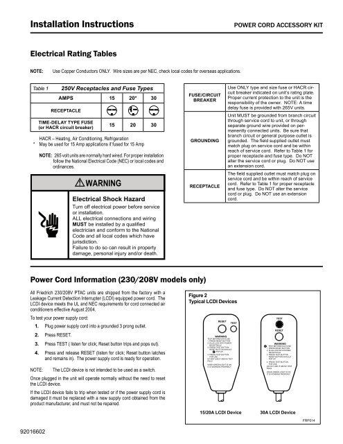 PTAC Power Cord Accessory Kit Installation Manual - Friedrich Air ...