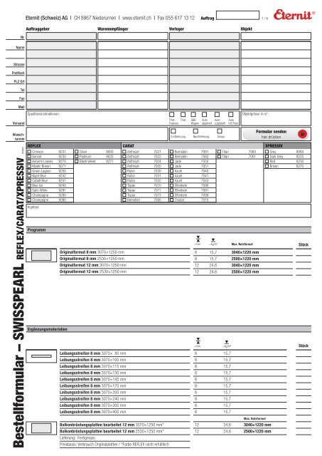 B estellform ular – SW ISSPEARL - Eternit (Schweiz)