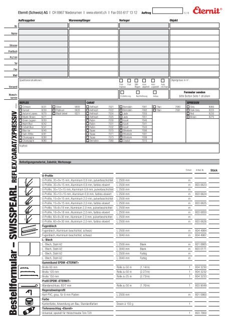 B estellform ular – SW ISSPEARL - Eternit (Schweiz)