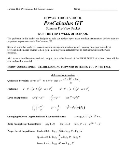 PreCalculus GT - Howard High