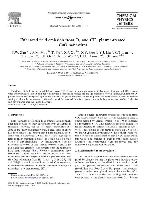 Enhanced field emission from O2 and CF4 plasma-treated CuO ...