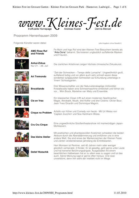 Programm Herrenhausen 2009 Kleines Fest im Großen Garten