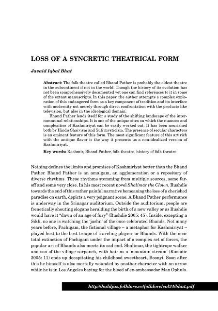 LOSS OF A SYNCRETIC THEATRICAL FORM