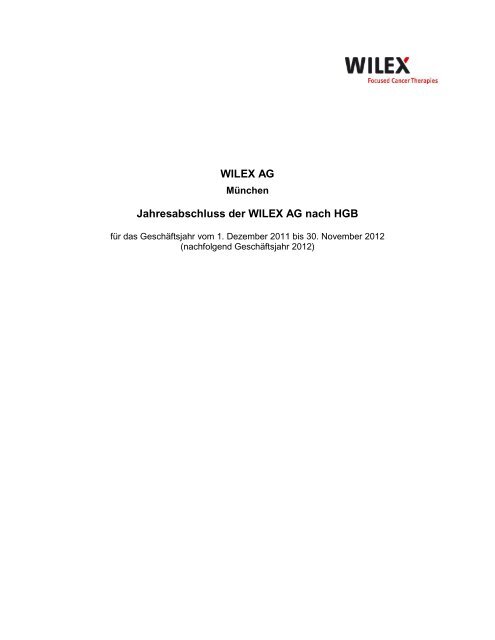 WILEX AG Jahresabschluss der WILEX AG nach HGB