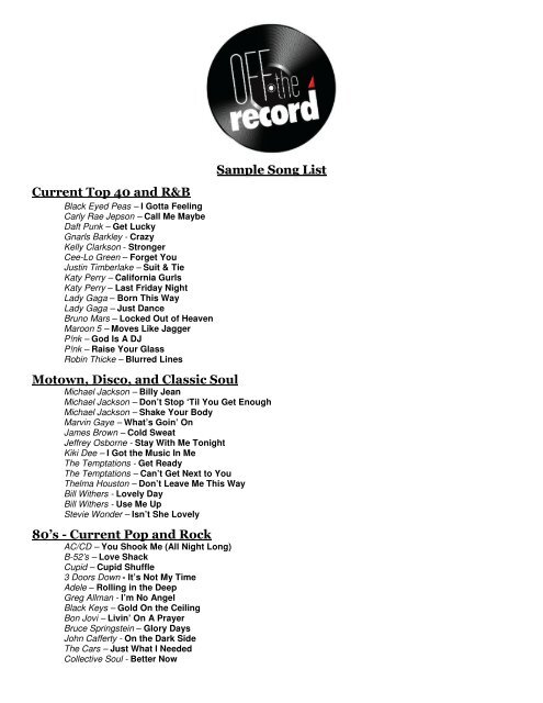 Sample Song List Current Top 40 and R&amp;B Motown, Disco, and ...