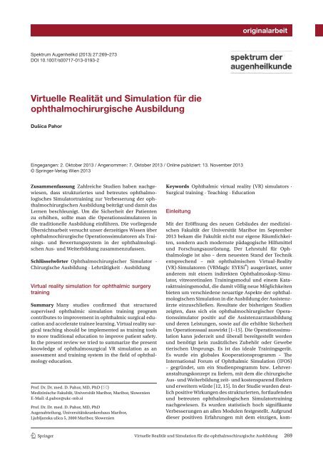 spektrum der augenheilkunde - 150 Jahre Augenklinik Graz