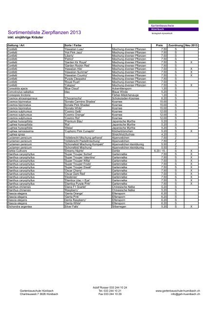 Sortimentsliste Zierpflanzen 2013 - Gartenbauschule Hünibach