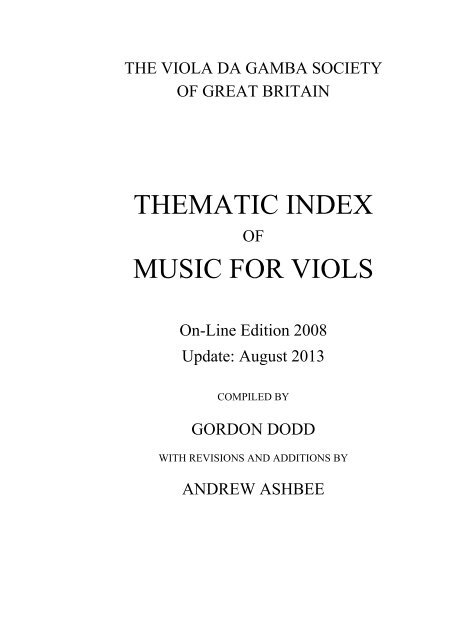 THEMATIC INDEX MUSIC FOR VIOLS - Viola da Gamba Society
