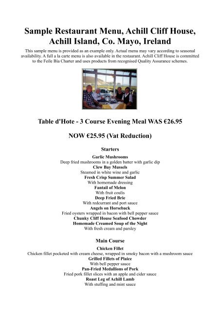 Sample Menu - Achill Cliff House Hotel