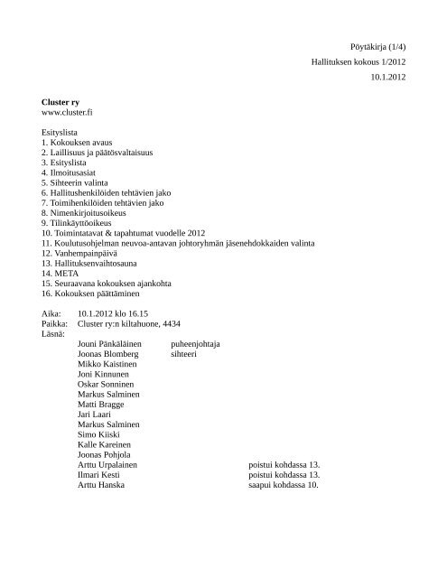 Pöytäkirja (1/4) Hallituksen kokous 1/2012 10.1.2012 Cluster ry ...