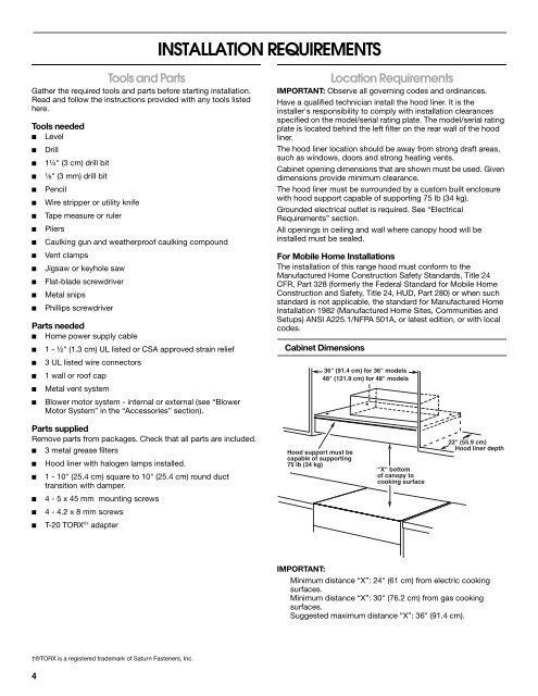 36" (91.4 CM) AND 48" (121.9 CM) HOOD LINER ... - Whirlpool