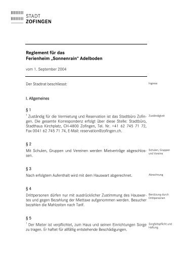 Reglement für das Ferienheim „Sonnenrain“ Adelboden - Zofingen