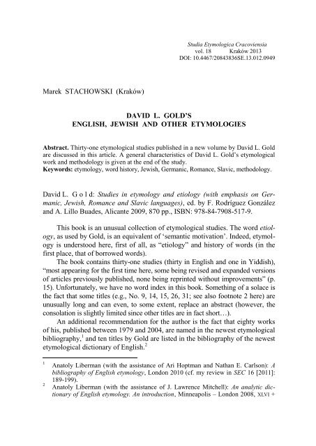 DAVID L. GOLD'S ENGLISH, JEWISH AND OTHER ETYMOLOGIES ...