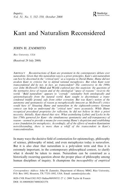 Kant and Naturalism Reconsidered