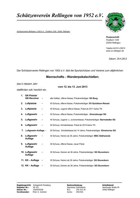 Einladung Pokalschießen Vereine 2013 - Schützenverein Rellingen