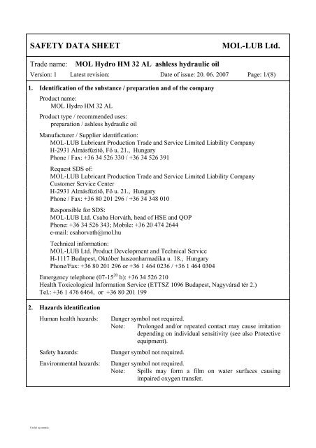 Safety Data Sheet - MOL Hydro HM 32 AL (pdf, 92 kB)