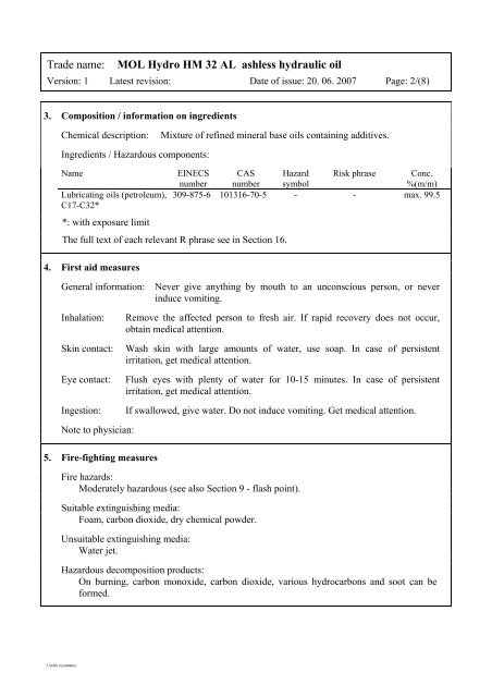 Safety Data Sheet - MOL Hydro HM 32 AL (pdf, 92 kB)