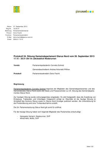 Protokoll der Sitzung vom 26. September 2013 - Gemeinde Glarus ...