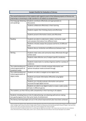 Checklist for Literacy & Numeracy - PDST