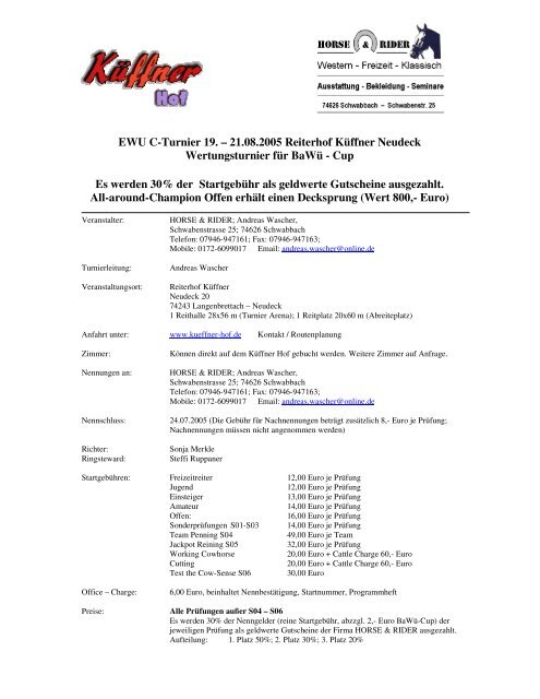 EWU C-Turnier 19. – 21.08.2005 Reiterhof Küffner Neudeck ...