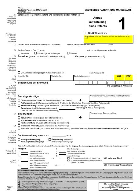 Antrag auf Erteilung eines Patents