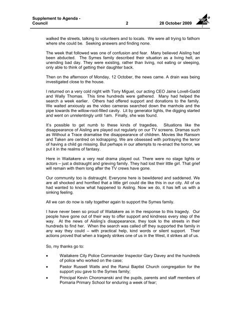 Report of the Mayor 28 October 2009 - Auckland Council