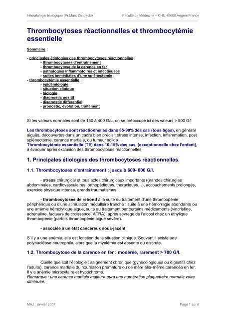 Thrombocytoses réactionnelles et thrombocytémie ... - Esculape