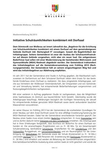 Initiative Schulräumlichkeiten kombiniert mit Dorfsaal - CVP Wollerau