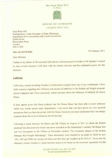 Letter to Planning Minister, Nick Boles - Anne Main MP