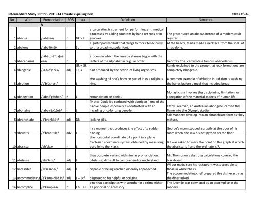 Intermediate Study List For 2013 14 Emirates Spelling Bee No