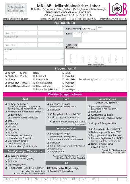 Einsender - MB-LAB Mikrobiologisches Labor - Univ.-Doz. Dr ...