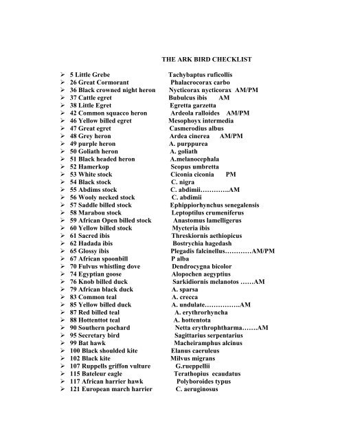 The Ark Bird List