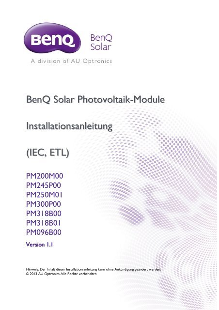 BenQ Solar Photovoltaik Module Installationsanleitung (IEC, ETL)