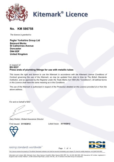 BSI Kitemark License - Pegler Yorkshire