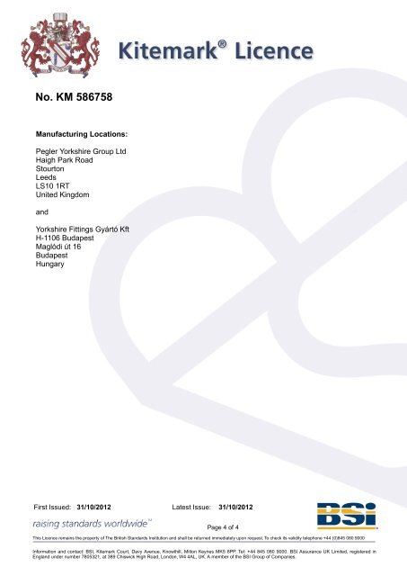 BSI Kitemark License - Pegler Yorkshire